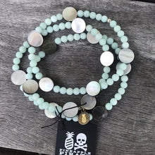 Load image into Gallery viewer, Blue Amazonite &amp; Mother of Pearl Stretch Bracelets in Solo or Double Wrap Styles