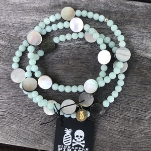 Blue Amazonite & Mother of Pearl Stretch Bracelets in Solo or Double Wrap Styles