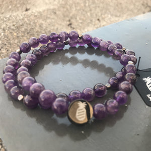 Amethyst Double Wrap Stretch Bracelet with Logo Flip Coin