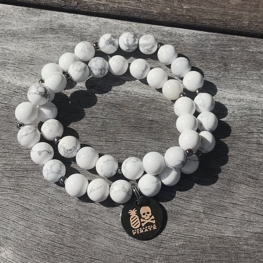 Howlite  Double Wrap Stretch Bracelet with Large Logo Charm